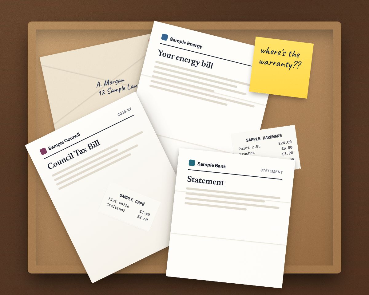 A drawer overflowing with bills, statements, receipts and an envelope, with a sticky note that reads “where's the warranty??”.