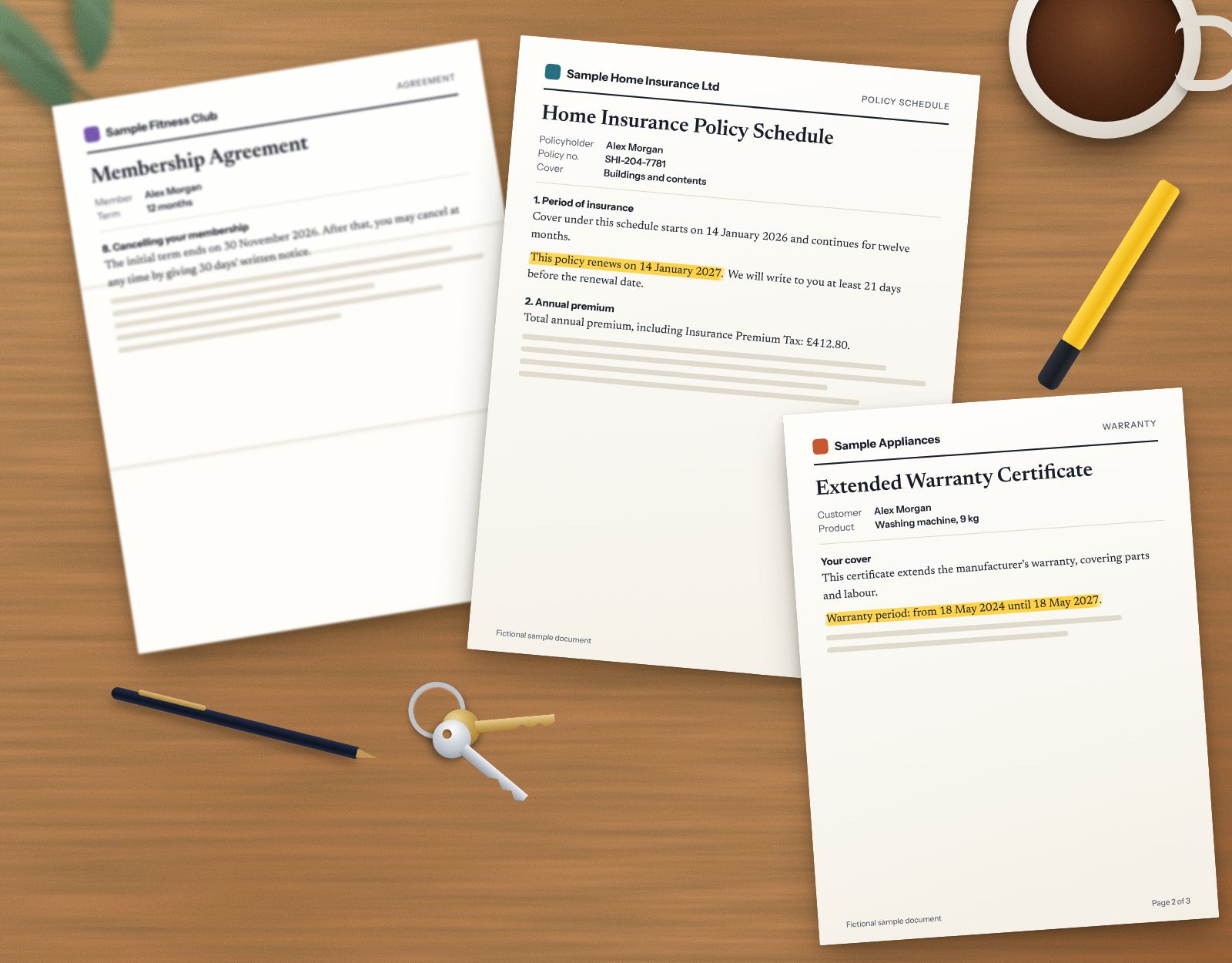 Paperwork spread across a kitchen table: a home insurance schedule, a gym membership agreement and a warranty certificate, with key dates highlighted.