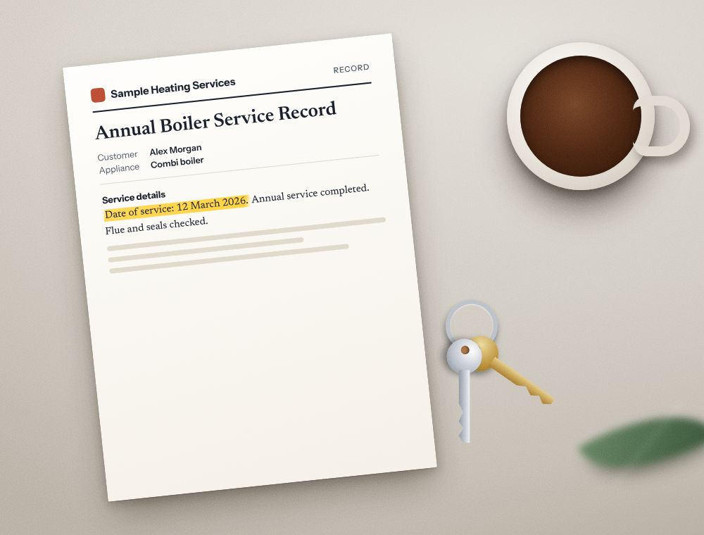 A boiler service record with the service date highlighted, beside house keys and a cup of coffee.