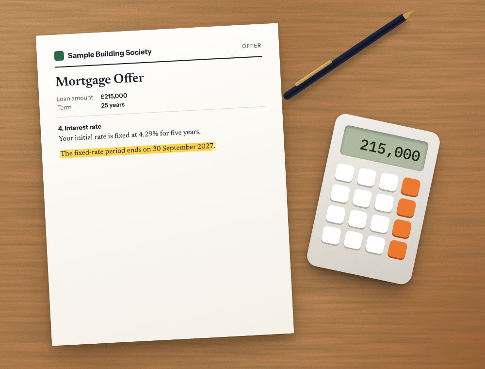 A mortgage offer with the fixed-rate end date highlighted, beside a calculator and a pen.