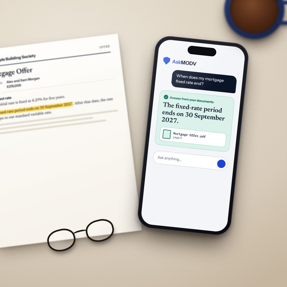 A phone showing AskMODV answering “When does my mortgage fixed rate end?” with “30 September 2027” and a link to Mortgage Offer.pdf, page 4, beside the printed offer.